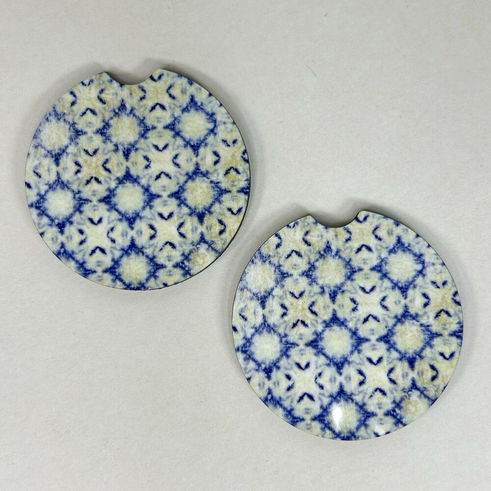 Blue & White Tye Dye Cork Back Car Coasters - Set of 2 - Car Accessories